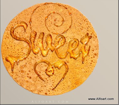 Honey leaking effect on the delicious pancake. Honey, sweet text effect, honey drops, realistic honey effect liquid honey, thin russian pancake.